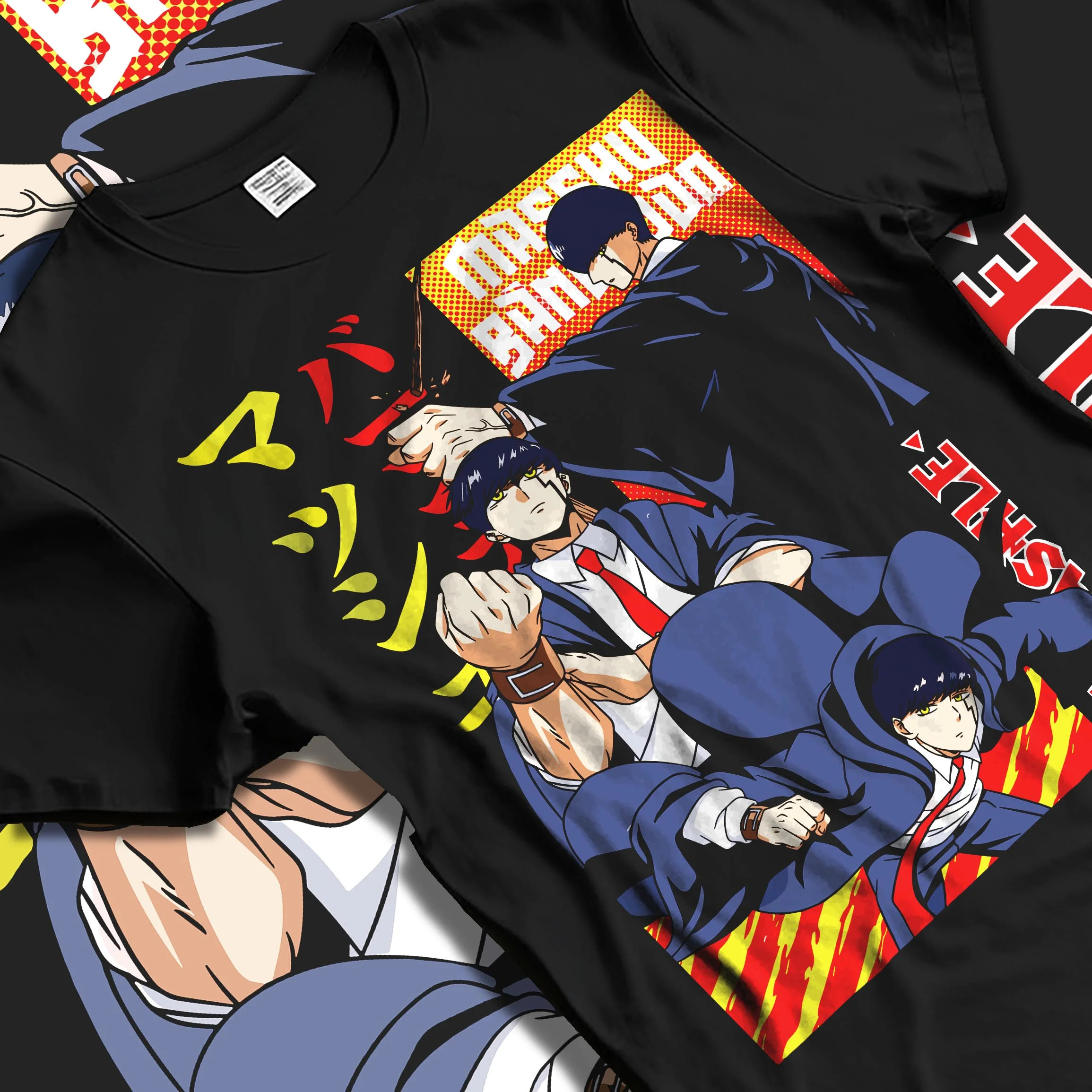 Black T-shirt laid flat with natural folds with Mashle Magic Muscles Hoodie Action Pose Anime Jumper graphic streetwear graphic.