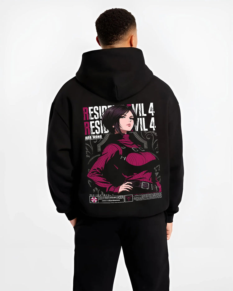 Black hoodie model back view showing Ada Wong from Resident Evil: Resident Evil 4