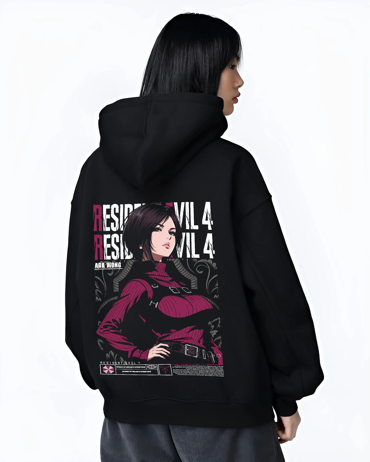 Black hoodie female model back view showing Ada Wong from Resident Evil: Resident Evil 4