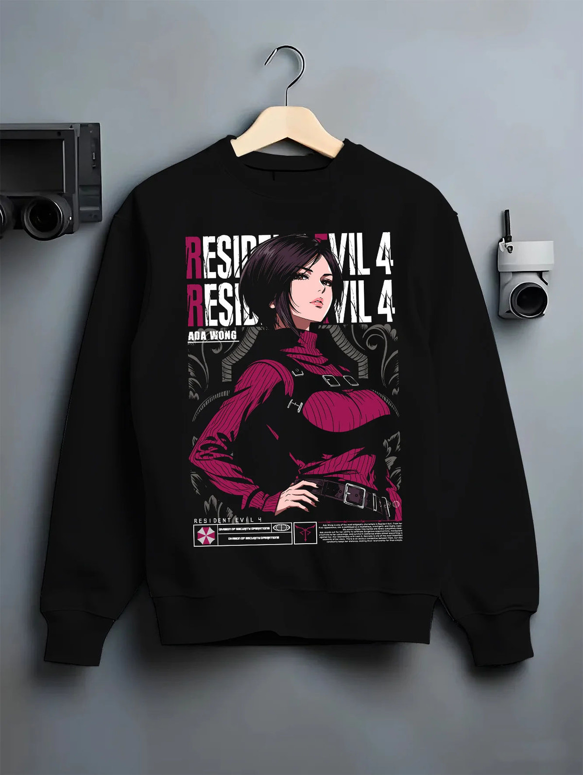 Black crewneck sweatshirt on hanger showing Ada Wong from Resident Evil: Resident Evil 4