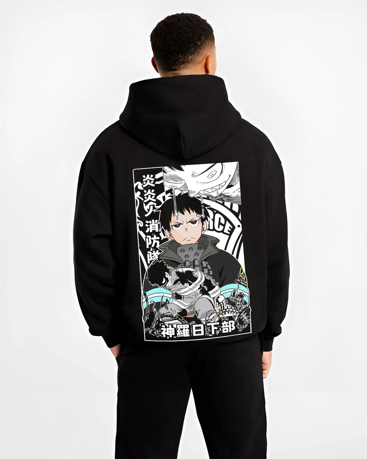 Black hoodie worn by male model from the back featuring Adolla Burst Shinra Fire Force monochrome artwork.