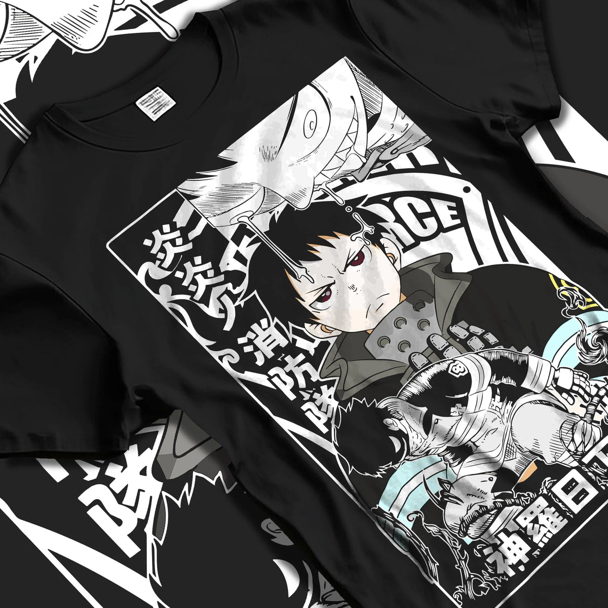 Black T-shirt laid flat with natural folds featuring Adolla Burst Shinra Fire Force monochrome artwork.
