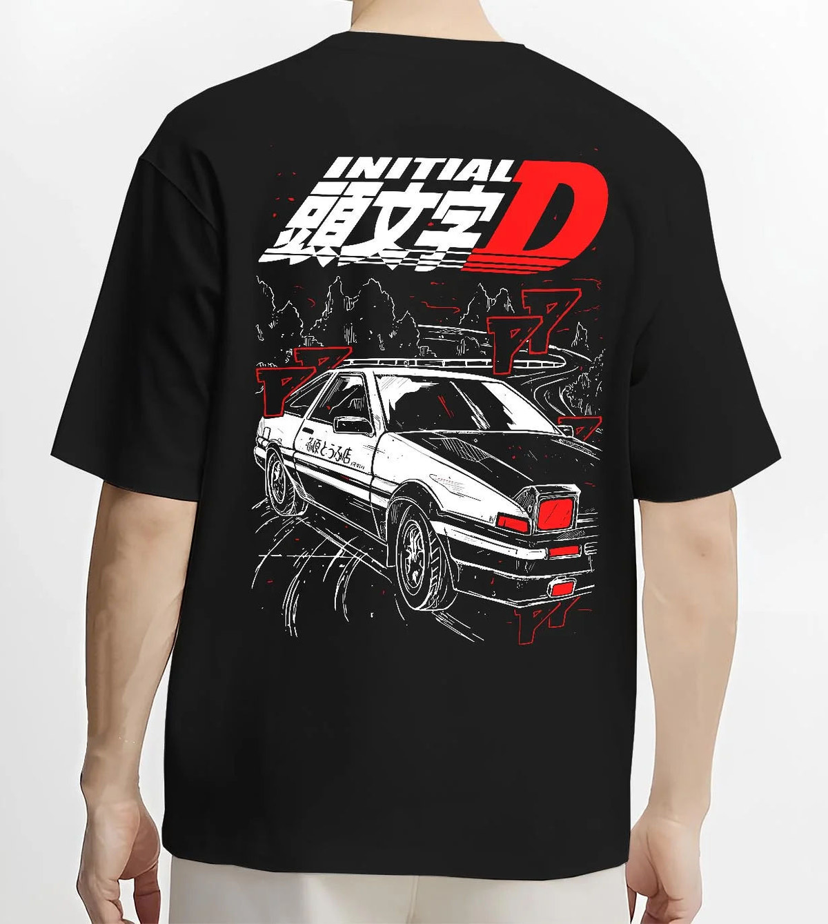 Black T-shirt worn by male model from the back featuring Takumi Fujiwara AE86 Initial D drift racing artwork.