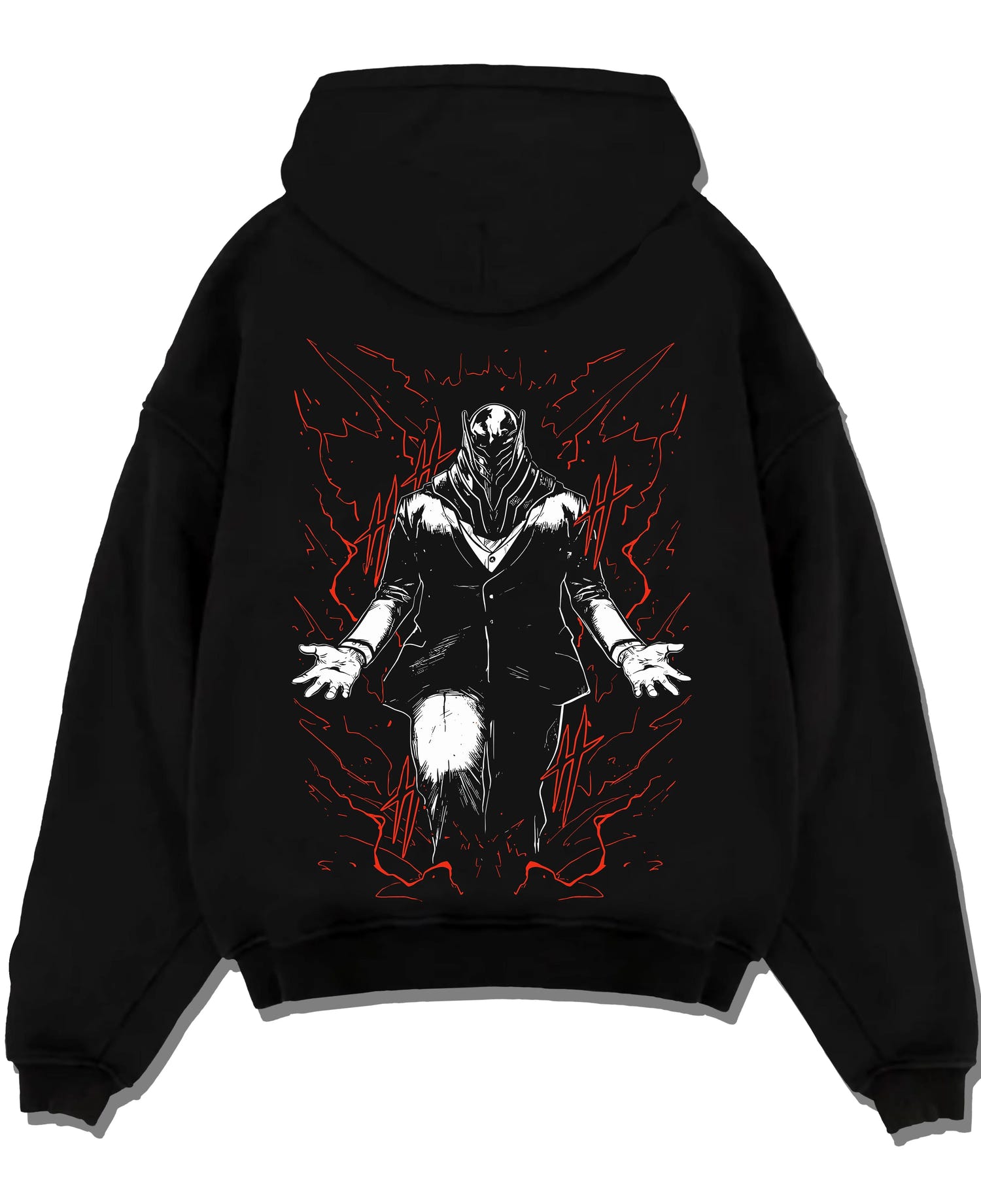 Black pullover hoodie laid flat with All For One Hoodie My Hero Academia Villain Anime graphic bold anime graphic.
