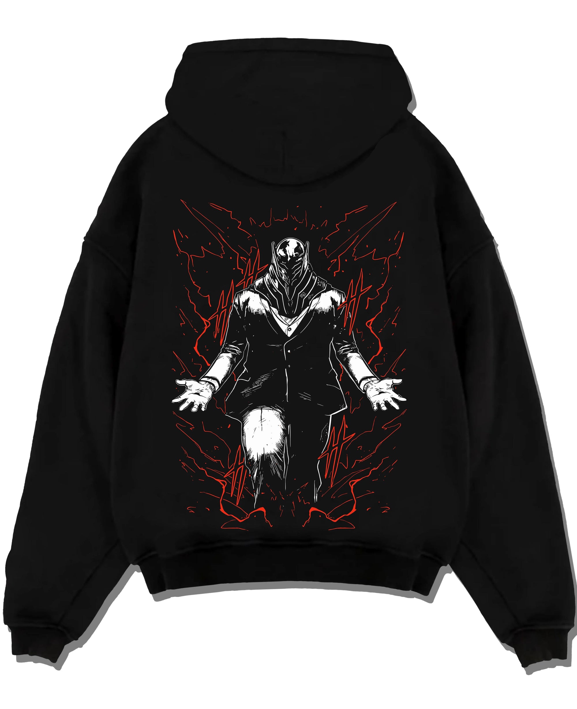 Black pullover hoodie laid flat with All For One Hoodie My Hero Academia Villain Anime graphic bold anime graphic.