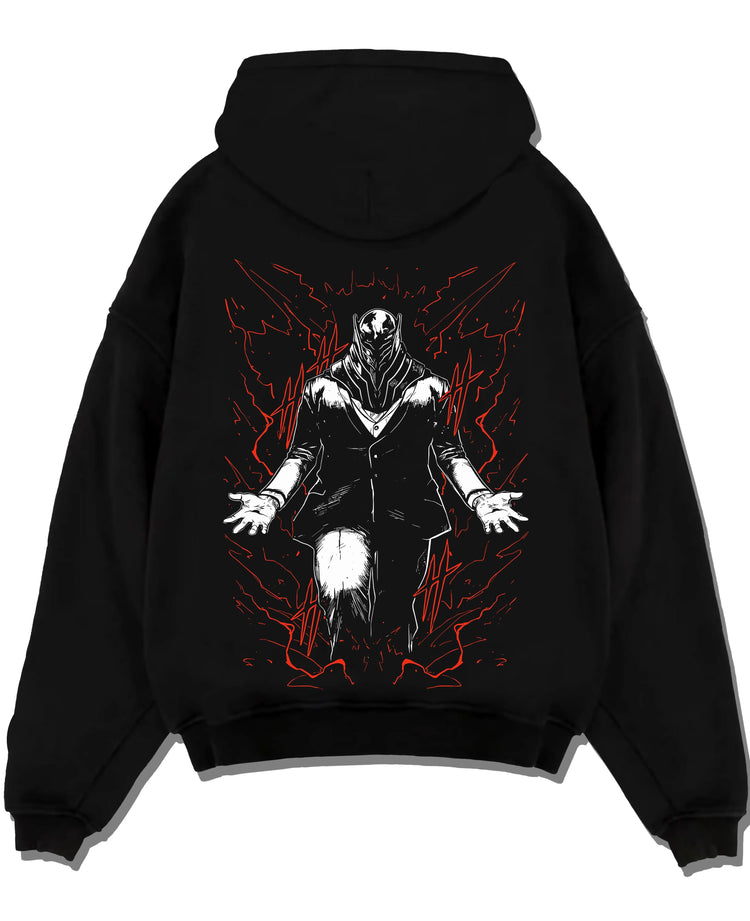 Black pullover hoodie laid flat with All For One Hoodie My Hero Academia Villain Anime graphic bold anime graphic.