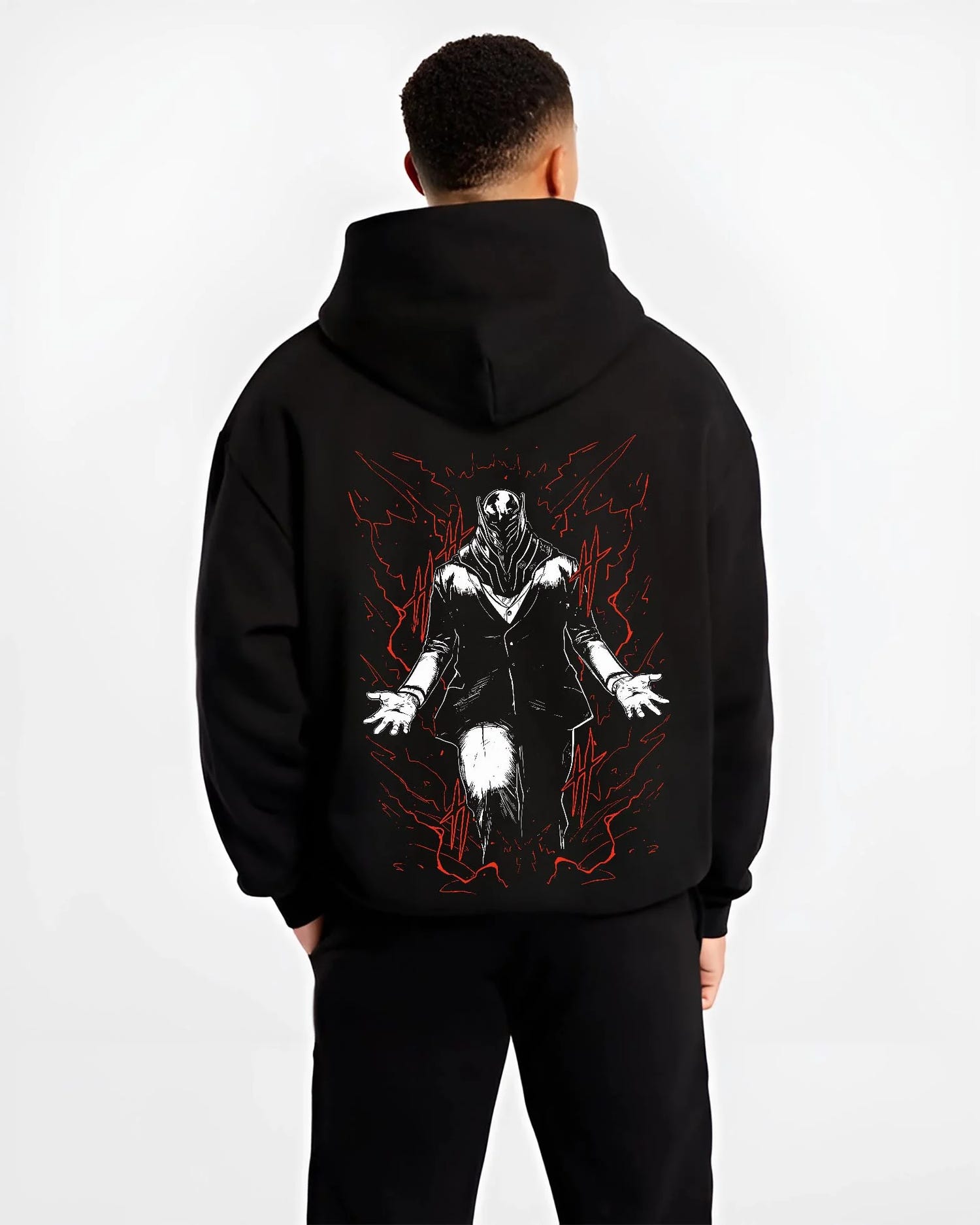 Black hoodie worn by male model, back view with All For One Hoodie My Hero Academia Villain Anime graphic streetwear graphic.