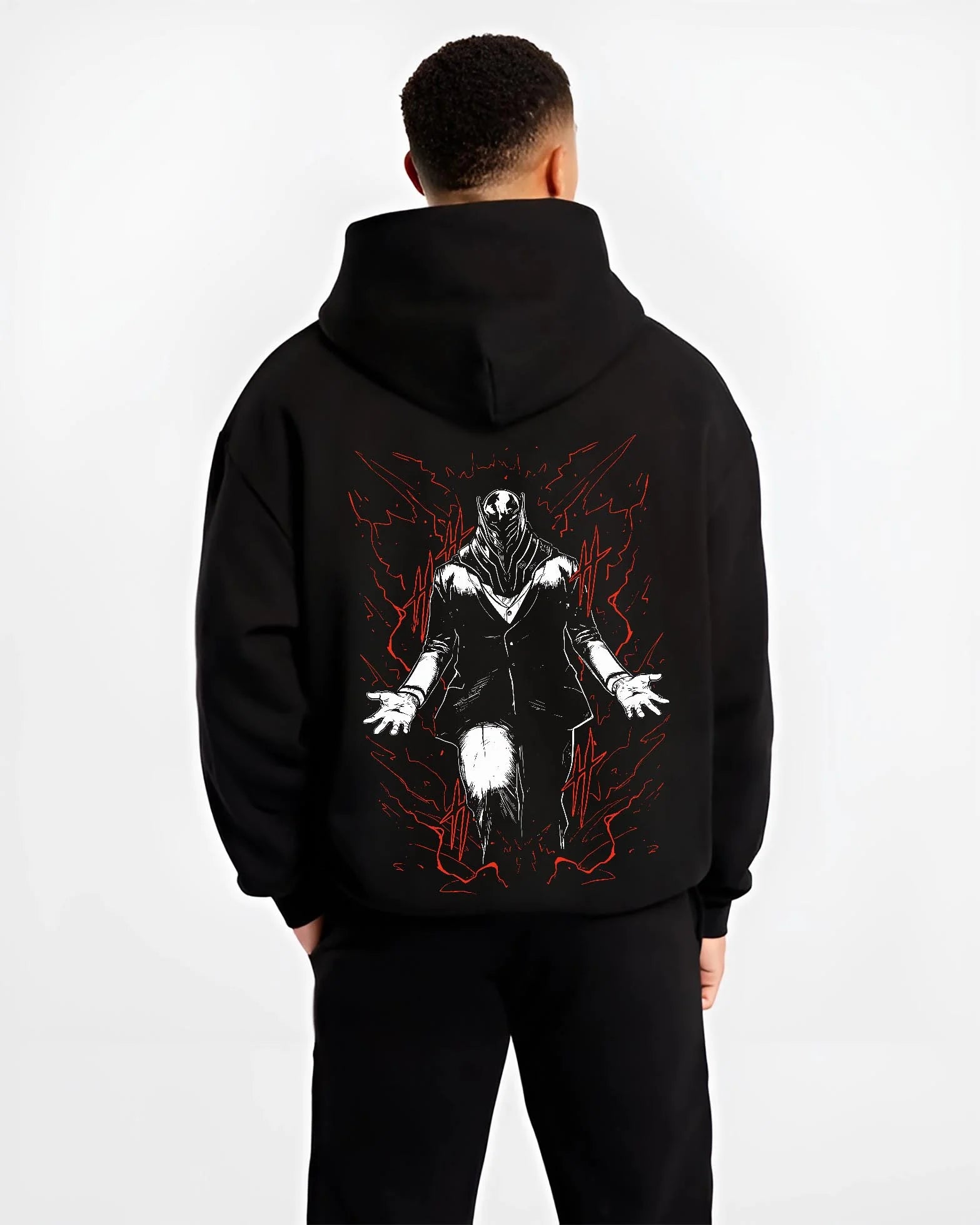 Black hoodie worn by male model, back view with All For One Hoodie My Hero Academia Villain Anime graphic streetwear graphic.