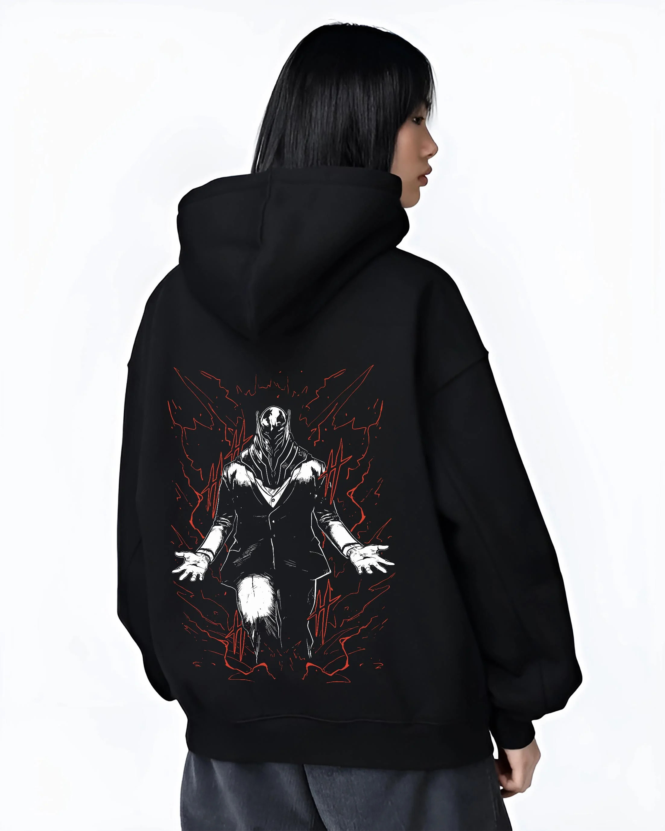 Black hoodie worn by female model, back view with All For One Hoodie My Hero Academia Villain Anime graphic bold anime graphic.