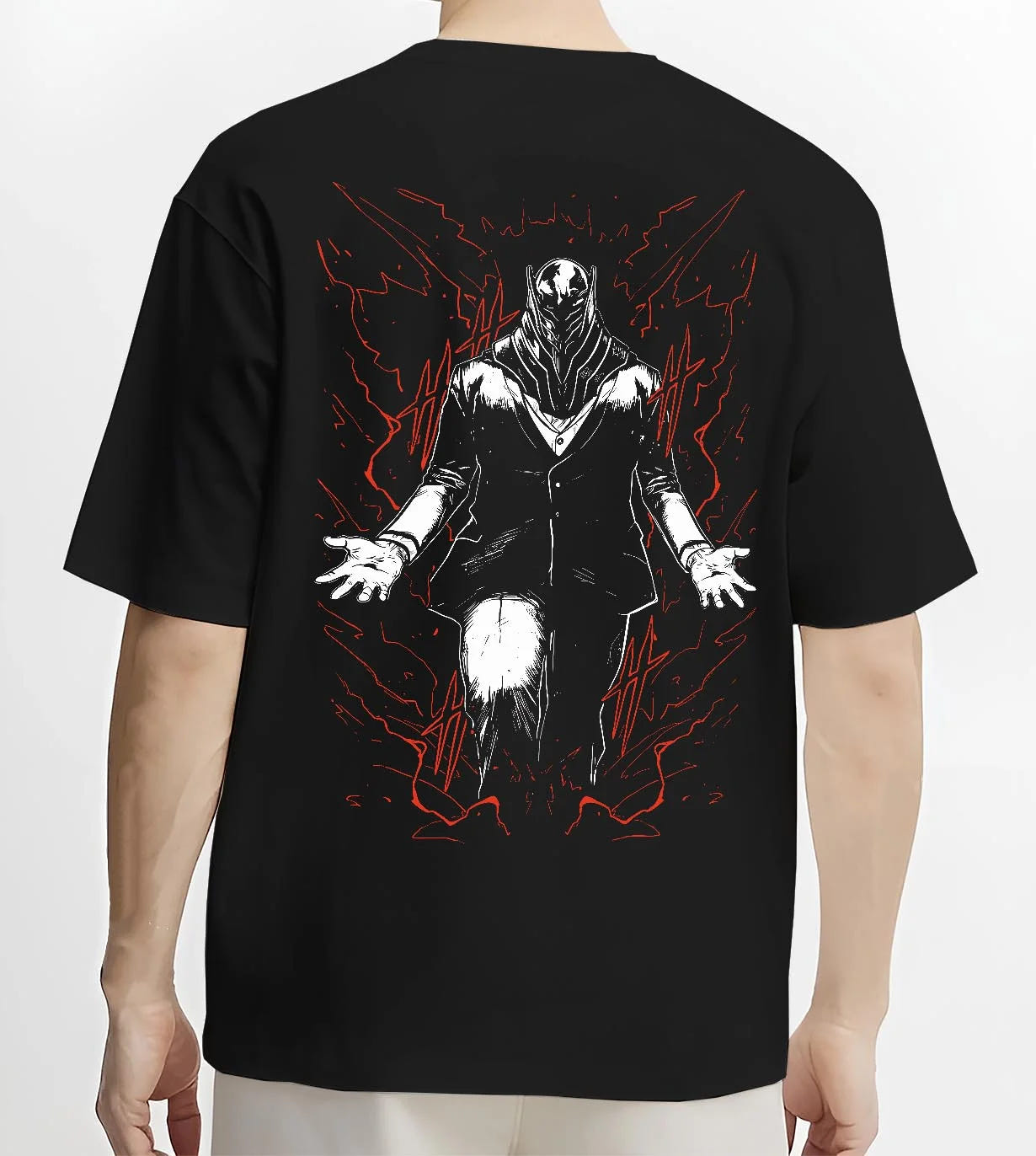 Black T-shirt worn by male model, back view with All For One Hoodie My Hero Academia Villain Anime graphic premium wear.