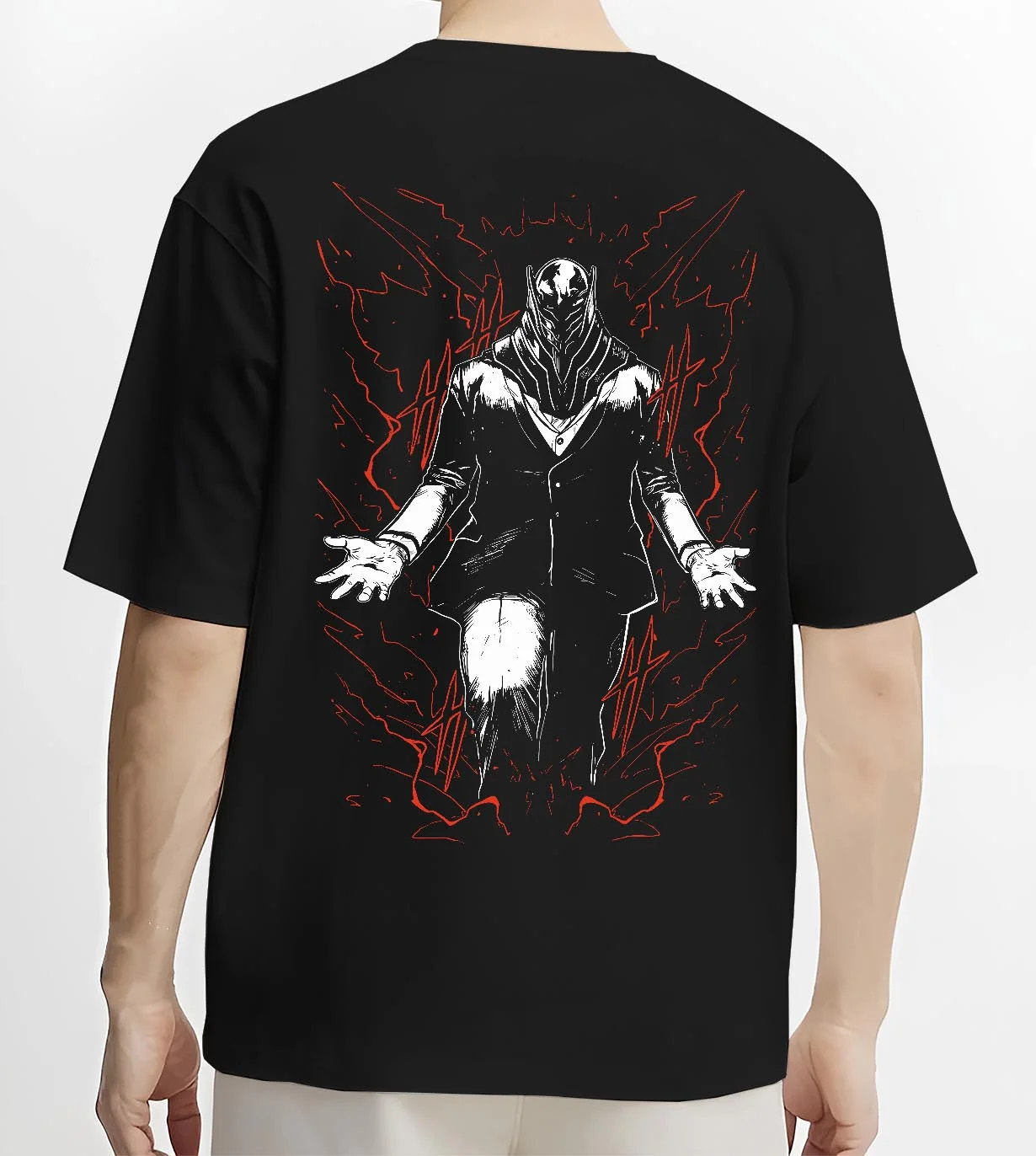 Black T-shirt worn by male model, back view with All For One Hoodie My Hero Academia Villain Anime graphic premium wear.