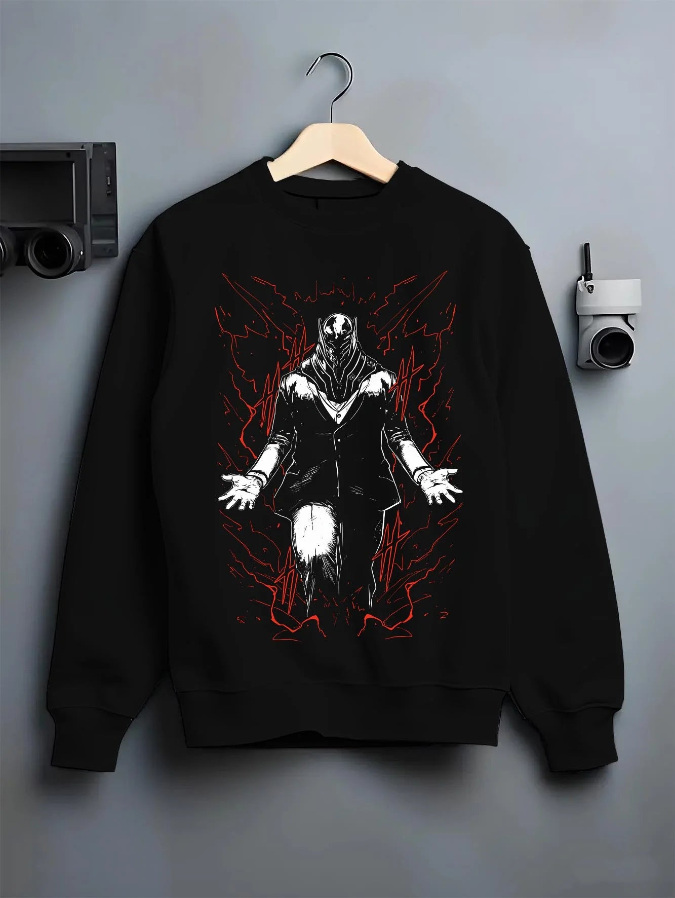 Black crewneck sweatshirt on hanger with All For One Hoodie My Hero Academia Villain Anime graphic bold anime graphic.