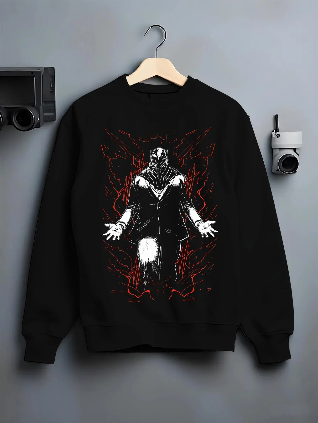 Black crewneck sweatshirt on hanger with All For One Hoodie My Hero Academia Villain Anime graphic bold anime graphic.