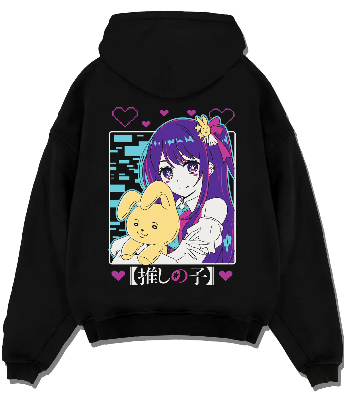 Black hoodie flat back view showing Ai Hoshino from Oshi no Ko: purple-haired girl with plush toy