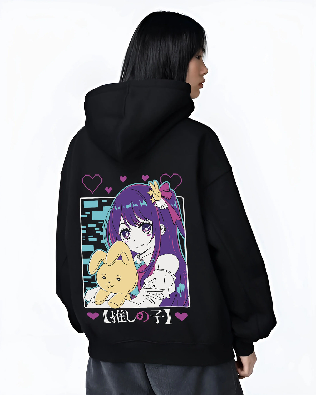 Black hoodie female model back view showing Ai Hoshino from Oshi no Ko: purple-haired girl with plush toy