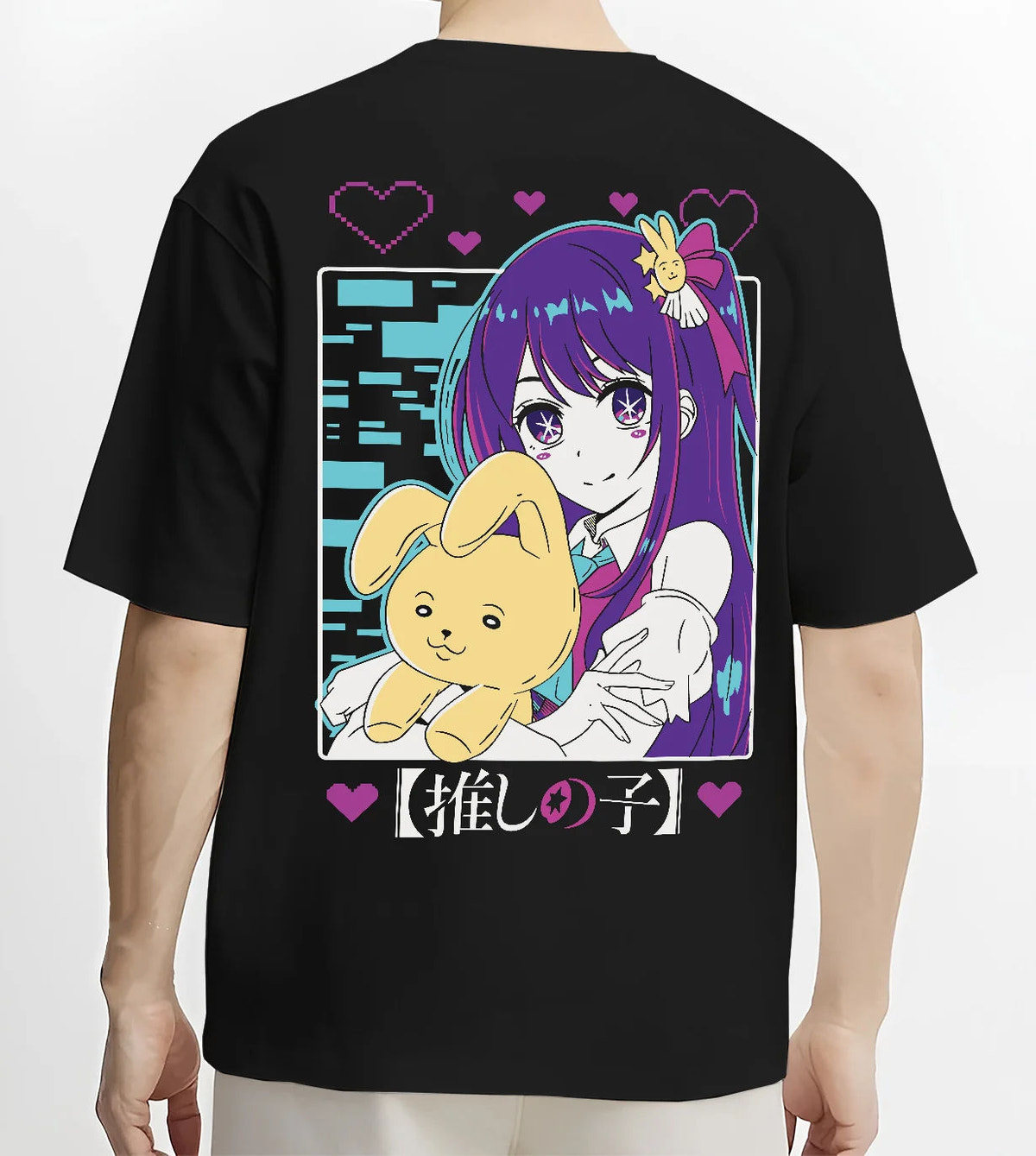 Black T-shirt model back view showing Ai Hoshino from Oshi no Ko: purple-haired girl with plush toy