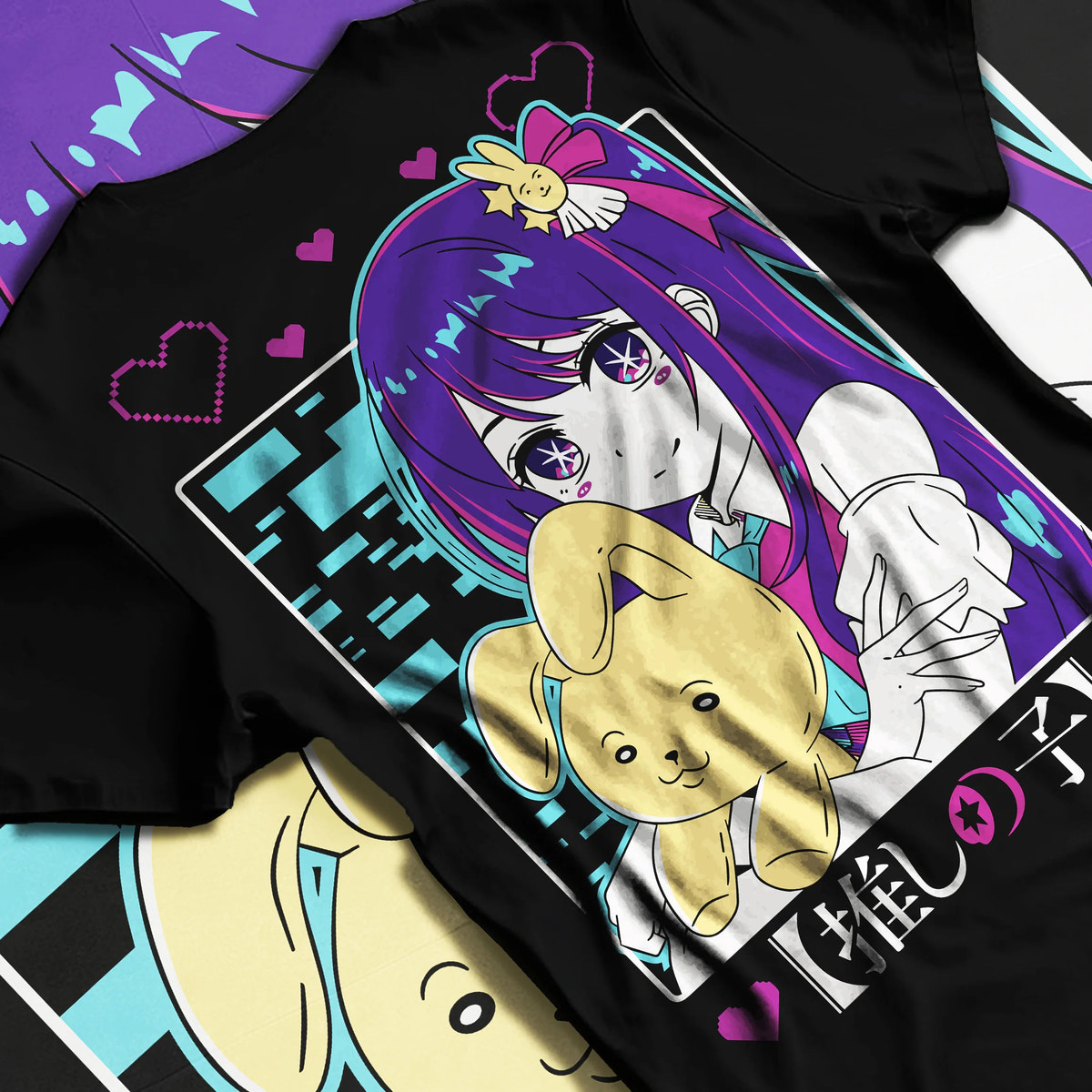 Black T-shirt flat back view showing Ai Hoshino from Oshi no Ko: purple-haired girl with plush toy
