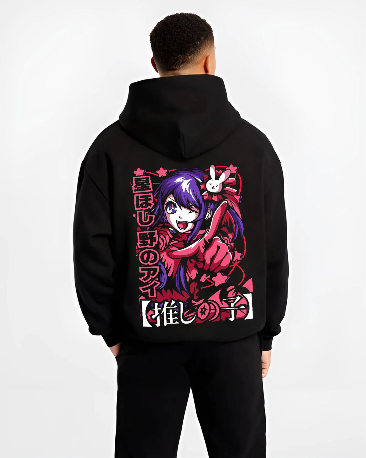 Black hoodie model back view showing Ai Hoshino from Oshi no Ko: idol portrait