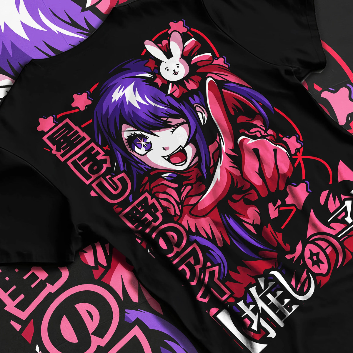 Black T-shirt flat back view showing Ai Hoshino from Oshi no Ko: idol portrait