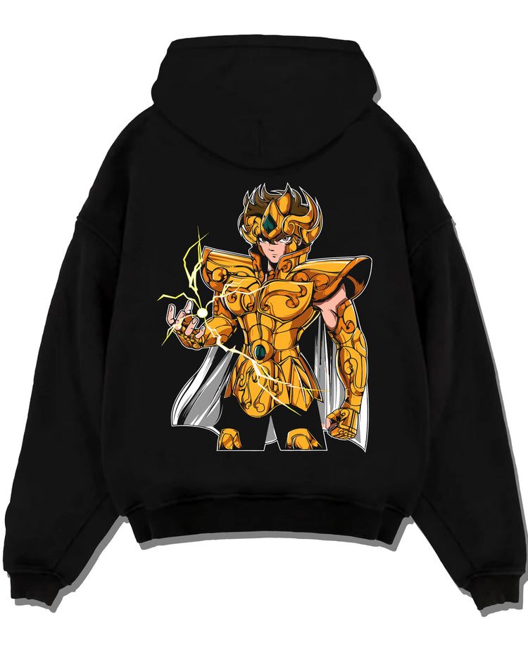 Black pullover hoodie laid flat with Leo Gold Saint Hoodie Saint Seiya Celestial Zodiac graphic bold anime graphic.