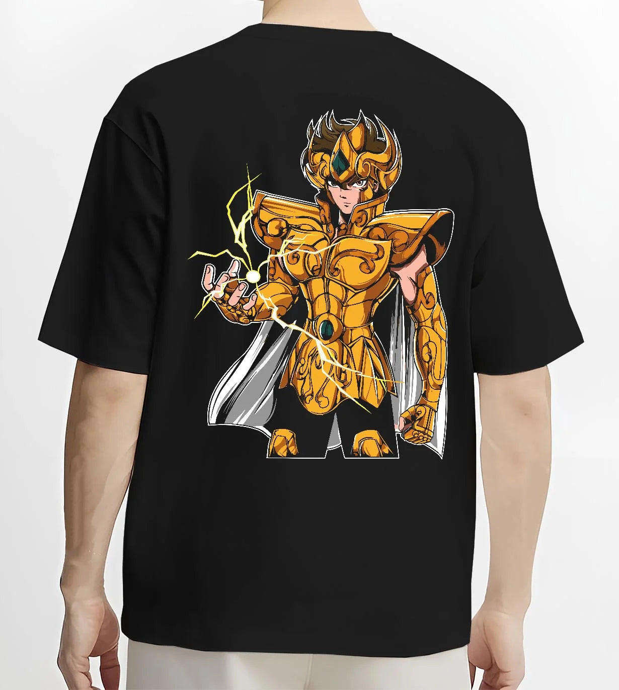 Black T-shirt worn by male model, back view with Leo Gold Saint Hoodie Saint Seiya Celestial Zodiac graphic premium wear.