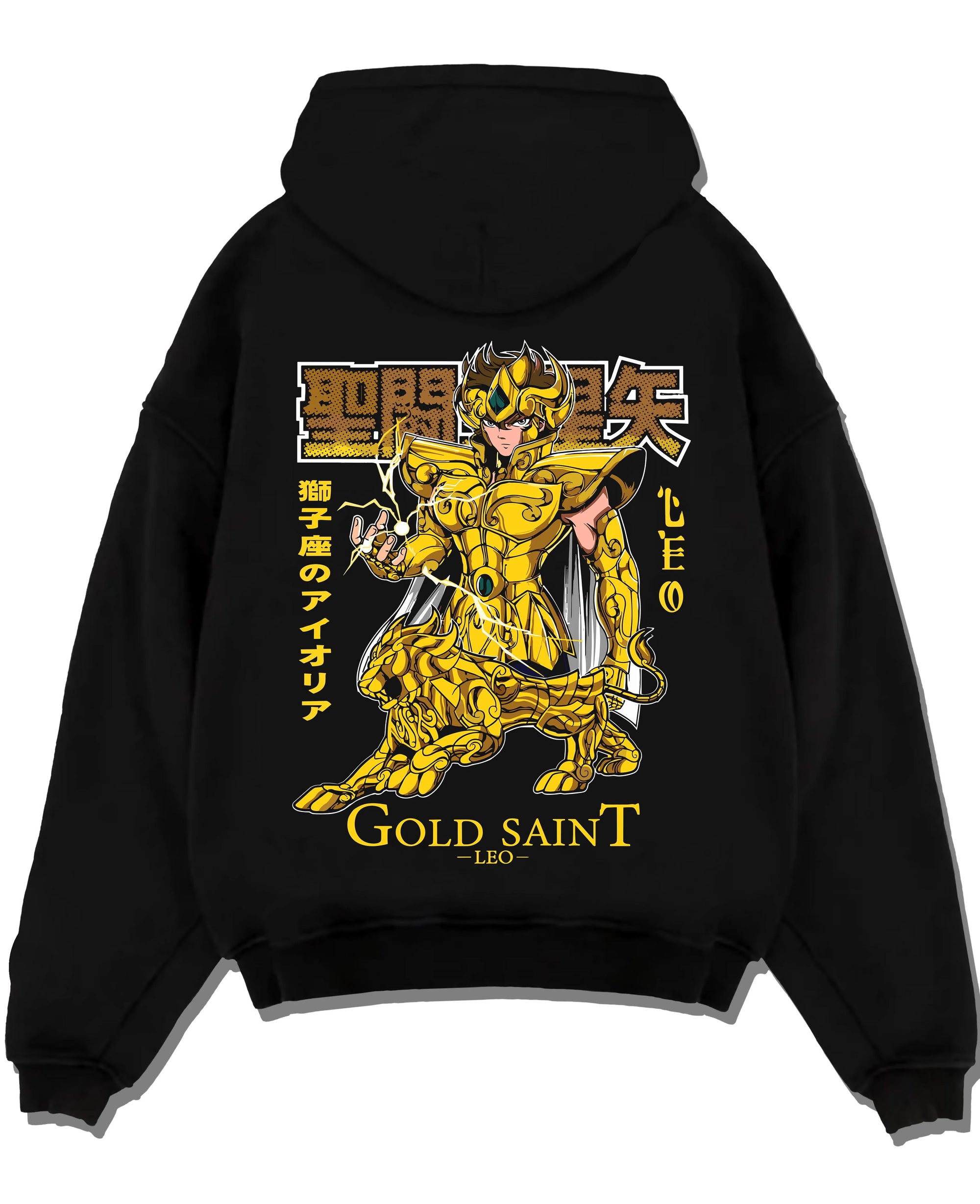 Black pullover hoodie laid flat with Aiolia Gold Saint Hoodie Saint Seiya Mythic Armour graphic bold anime graphic.