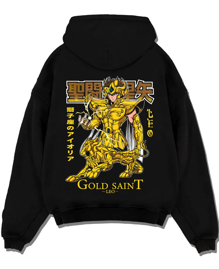 Black pullover hoodie laid flat with Aiolia Gold Saint Hoodie Saint Seiya Mythic Armour graphic bold anime graphic.