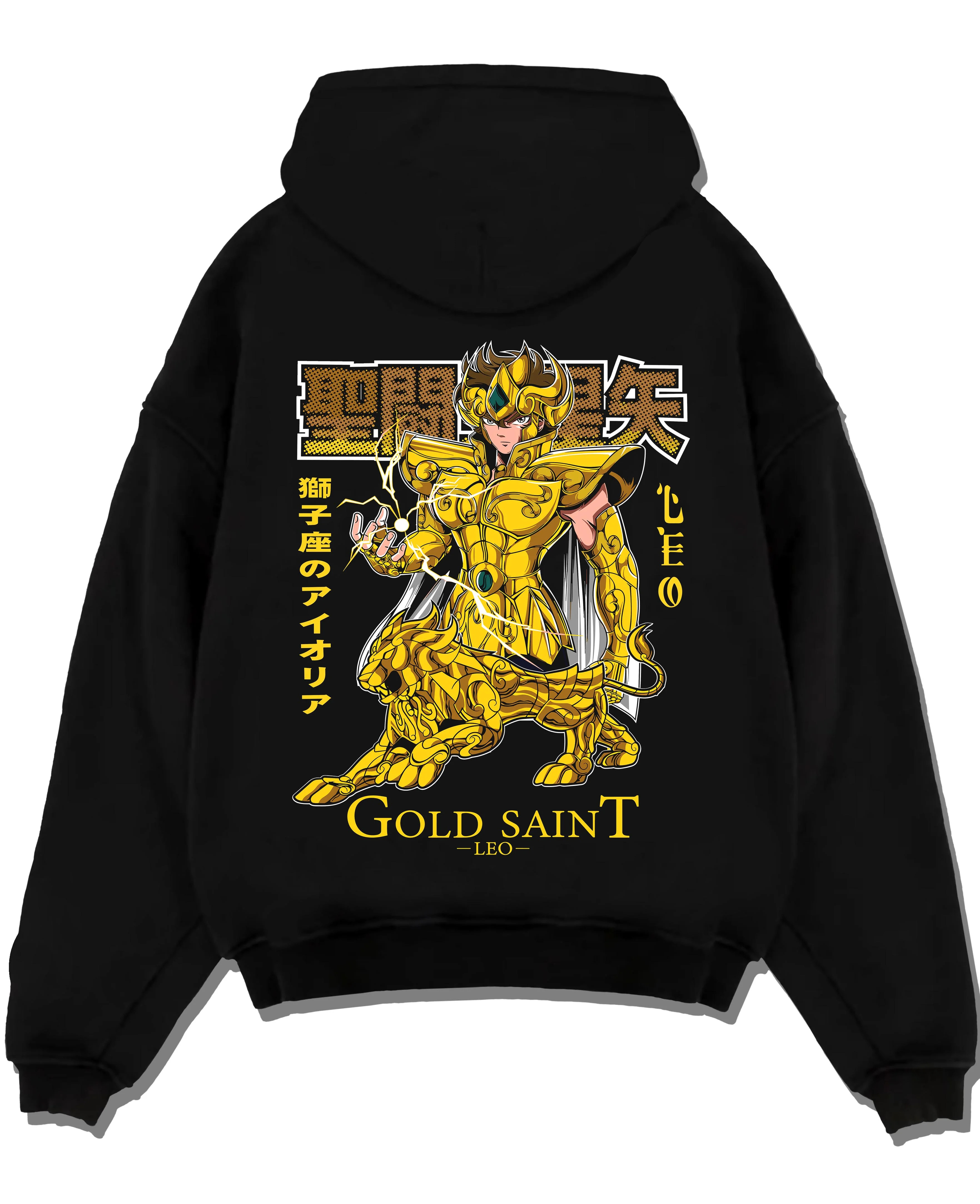 Black pullover hoodie laid flat with Saint Seiya Aiolia Hoodie Gold Saint Leo Armor Jumper graphic Aiolia anime design.