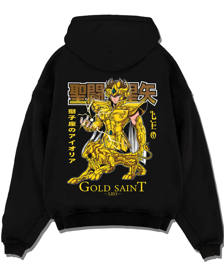 Black pullover hoodie laid flat with Saint Seiya Aiolia Hoodie Gold Saint Leo Armor Jumper graphic Aiolia anime design.