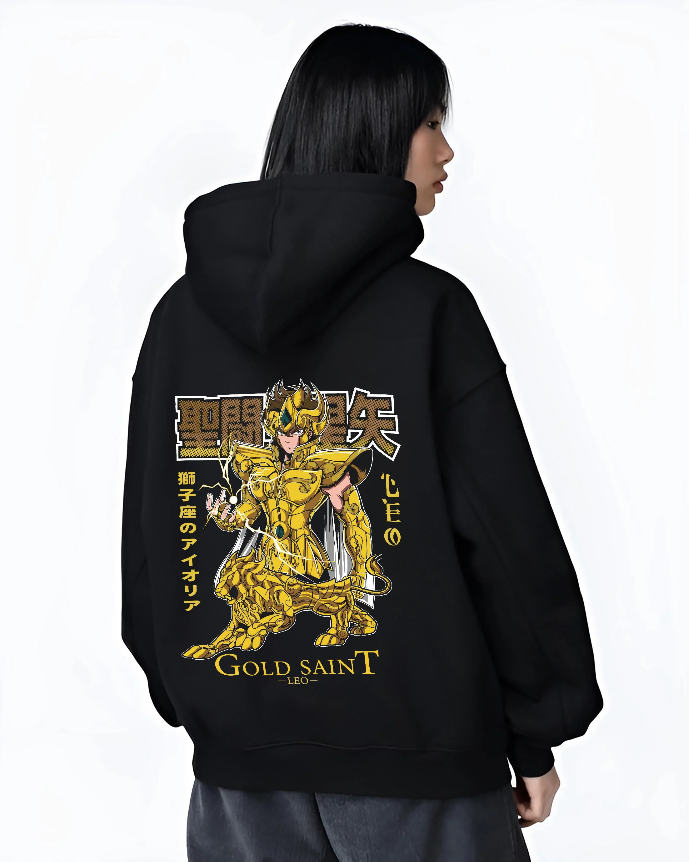 Black hoodie worn by female model, back view with Saint Seiya Aiolia Hoodie Gold Saint Leo Armor Jumper graphic Aiolia anime design.