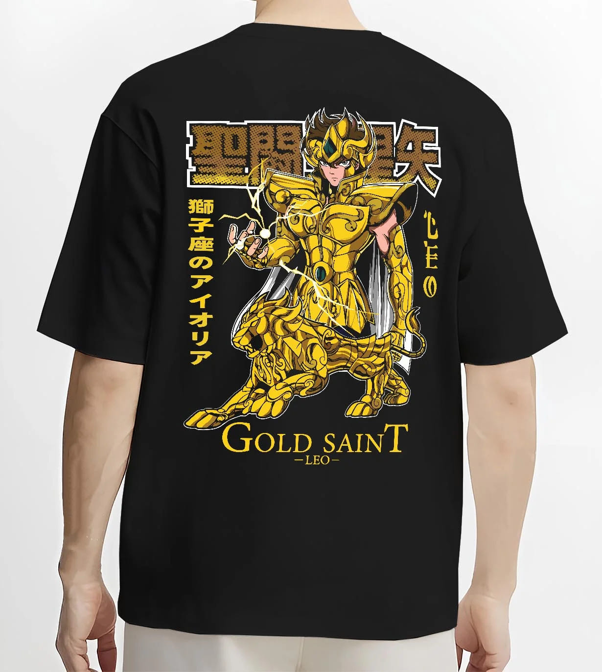 Black T-shirt worn by male model, back view with Aiolia Gold Saint Hoodie Saint Seiya Mythic Armour graphic streetwear graphic.