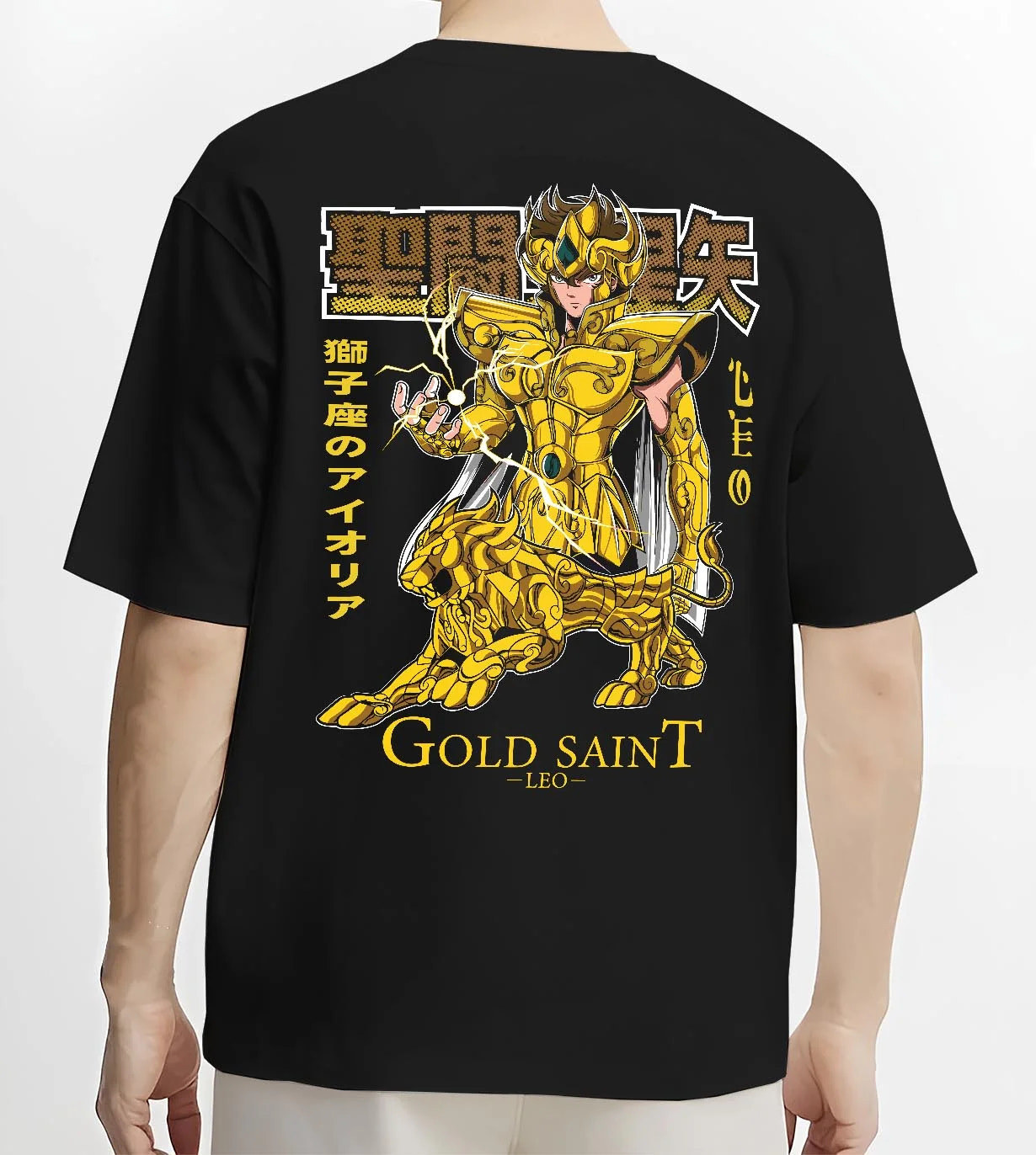 Black T-shirt worn by male model, back view with Saint Seiya Aiolia Hoodie Gold Saint Leo Armor Jumper graphic bold anime graphic.