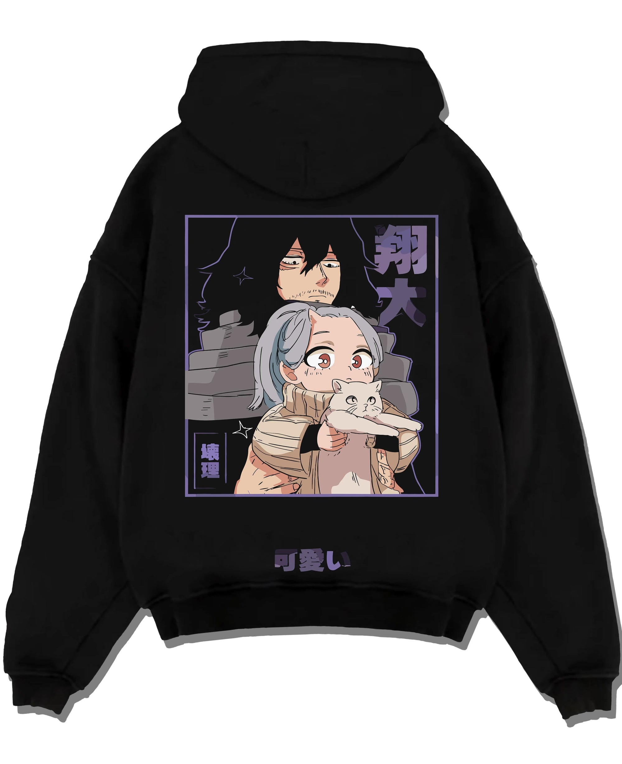 Black pullover hoodie laid flat featuring Aizawa and Eri My Hero Academia anime poster graphic.
