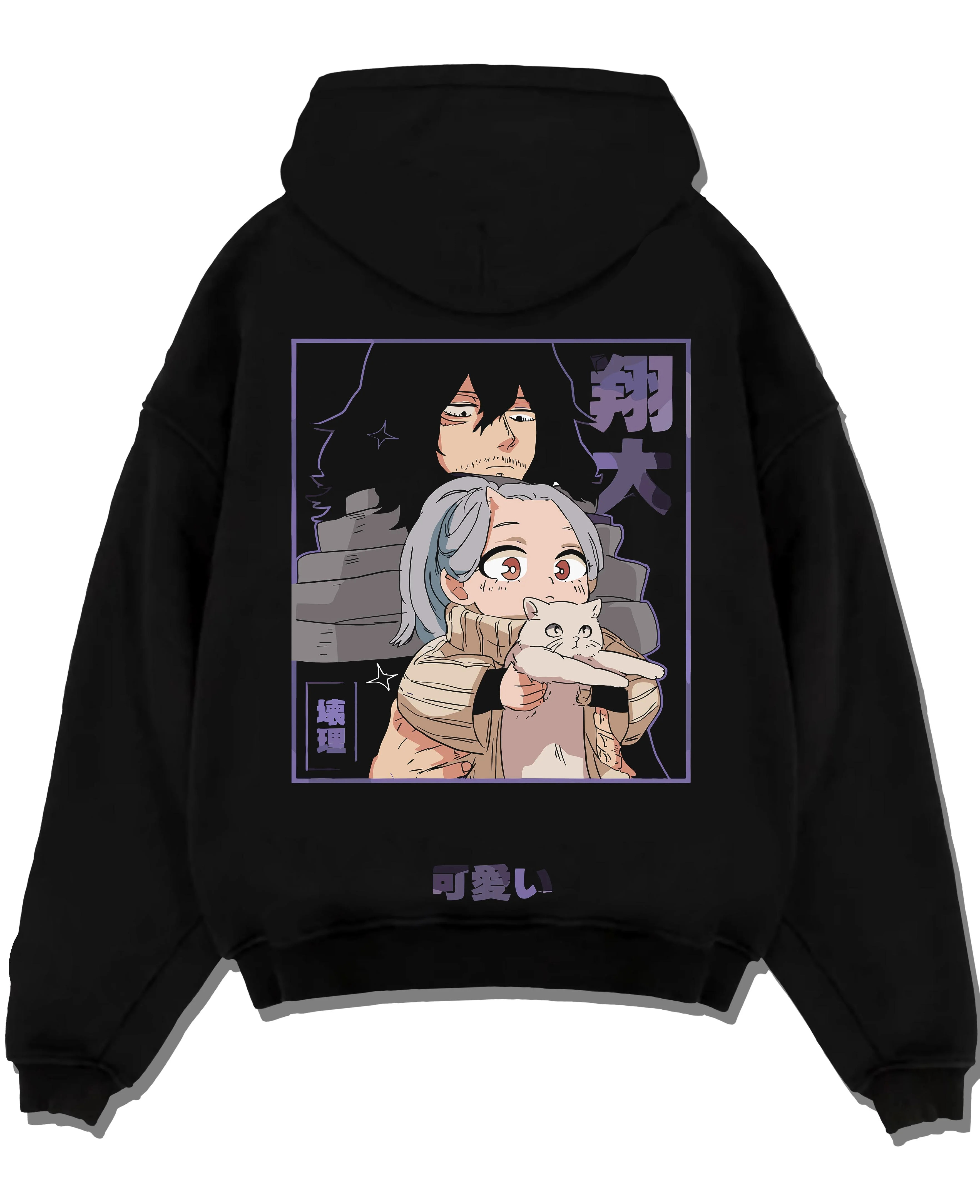 Black pullover hoodie laid flat featuring Aizawa and Eri My Hero Academia anime poster graphic.