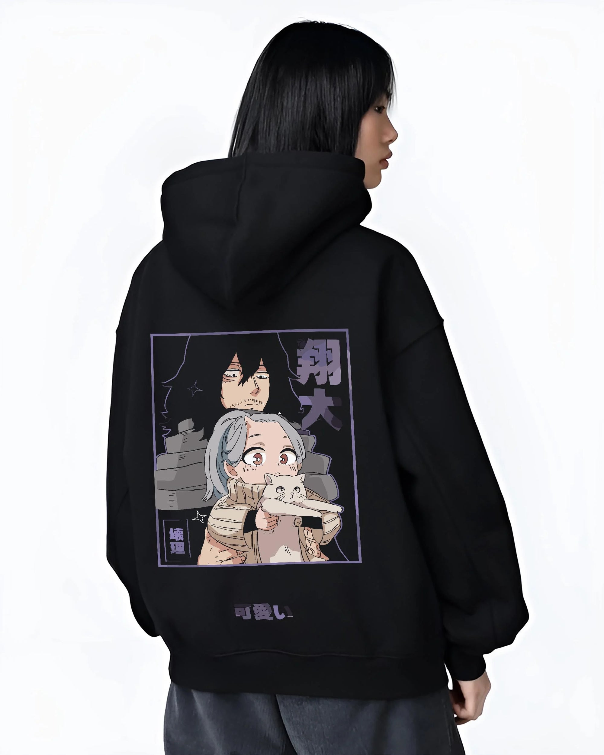 Black hoodie worn by female model, back view featuring Aizawa and Eri nostalgic 90s graphic anime streetwear design