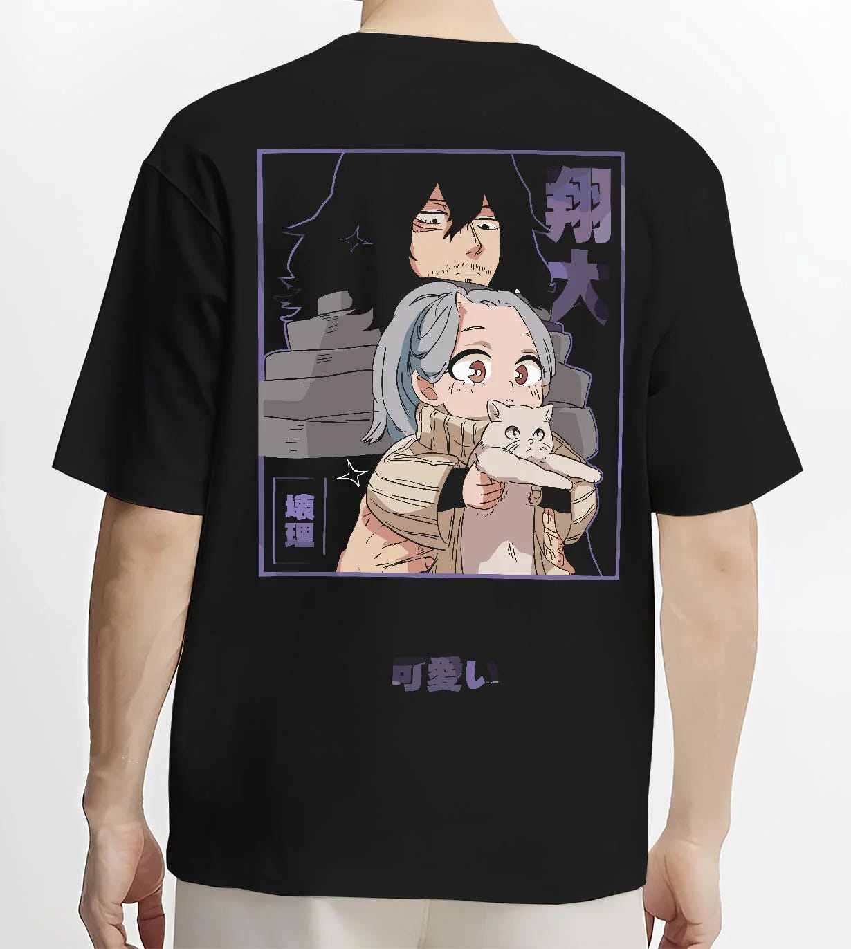 Black T-shirt worn by male model, back view with Aizawa and Eri My Hero Academia shonen battle character artwork