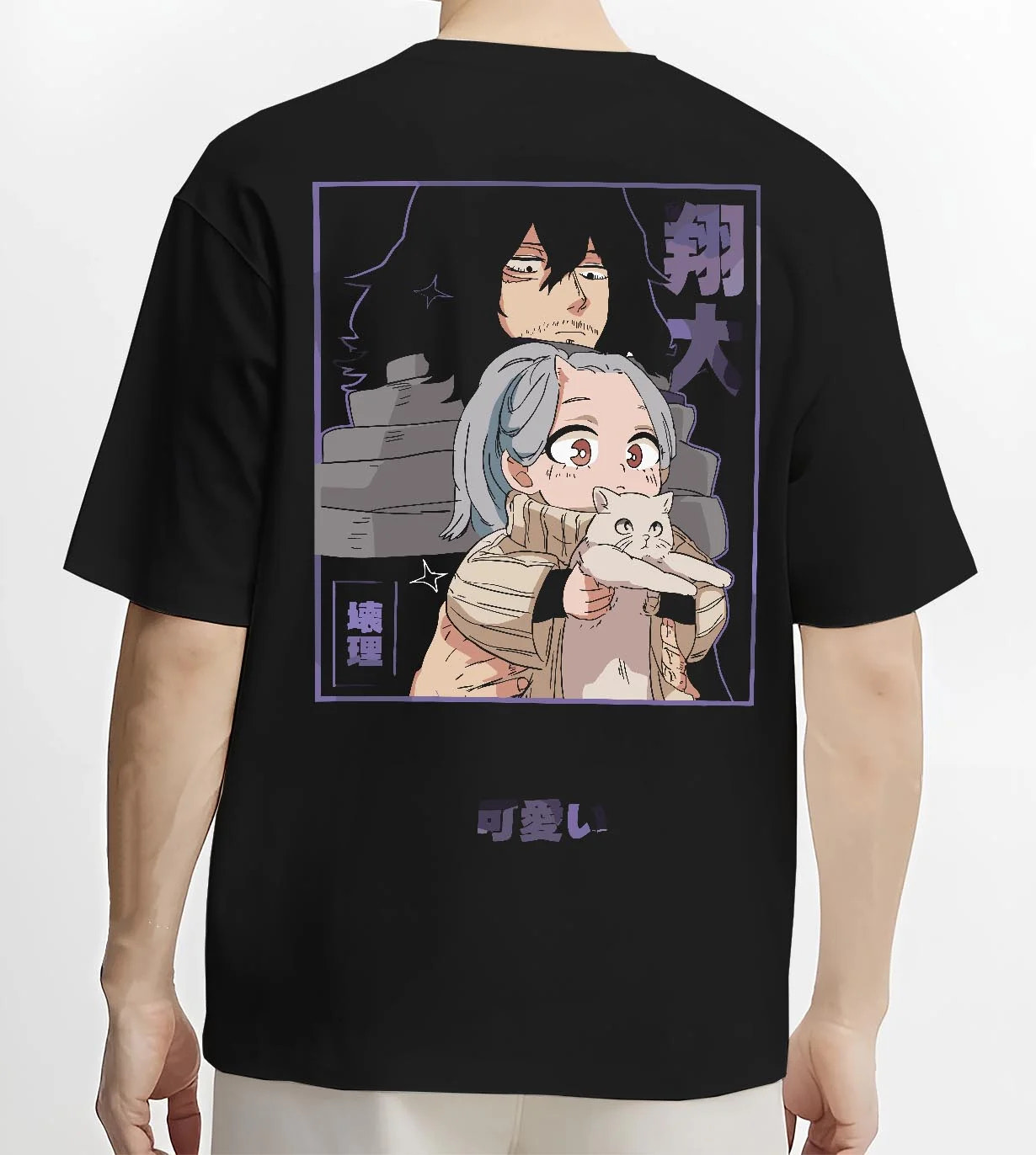 Black T-shirt worn by male model, back view with Aizawa and Eri My Hero Academia shonen battle character artwork