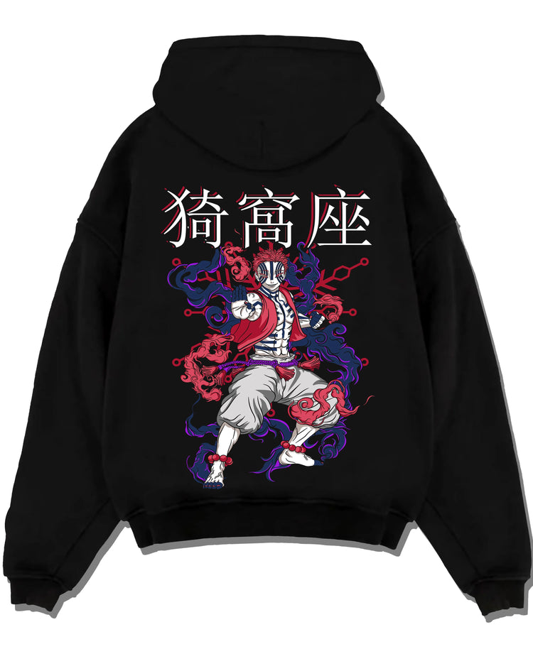 Black pullover hoodie laid flat with Akaza Demon Slayer Hoodie Upper Moon Dark Battle Pose graphic bold anime graphic.