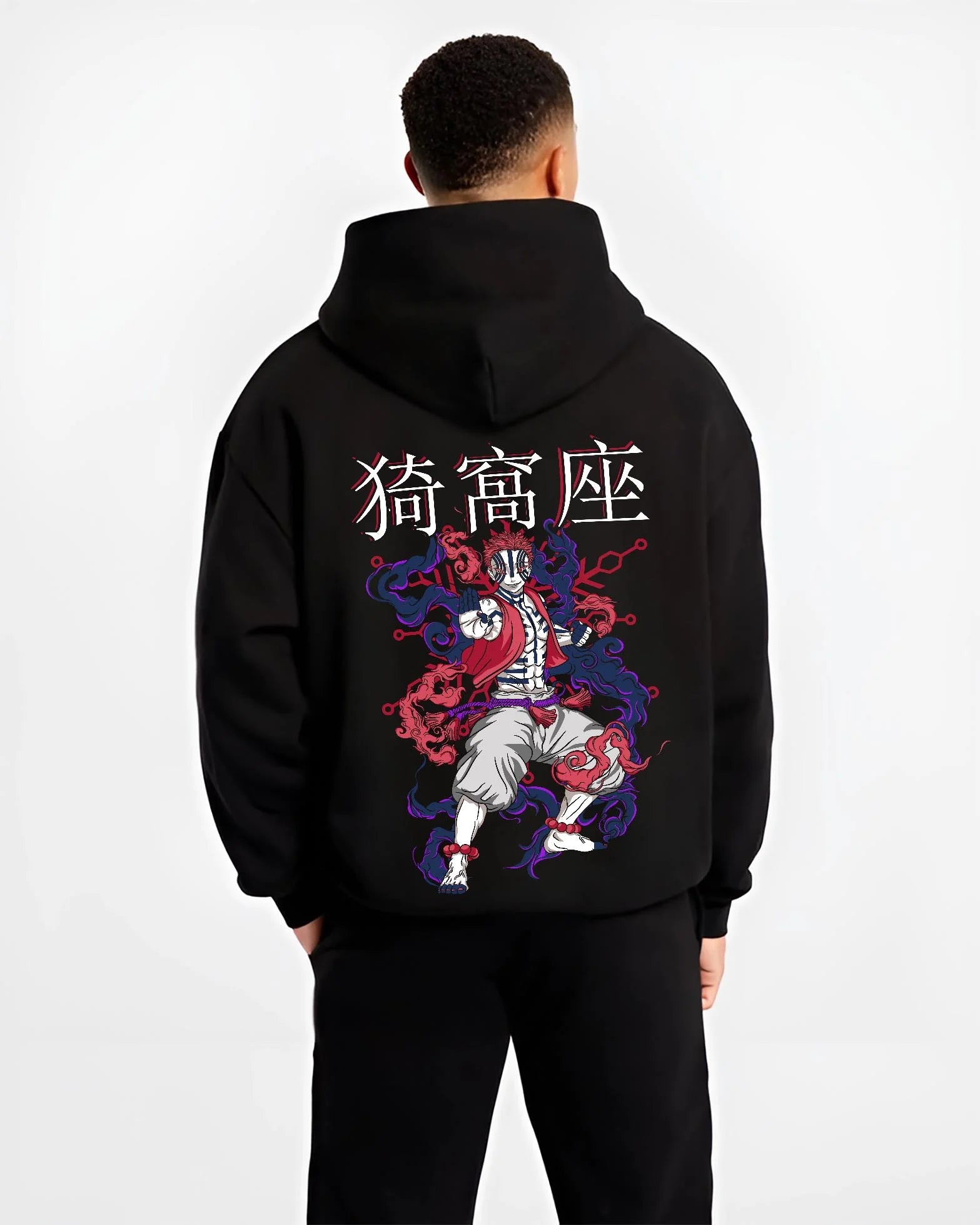 Black hoodie worn by male model, back view with Akaza Demon Slayer Hoodie Upper Moon Dark Battle Pose graphic Akaza anime design.