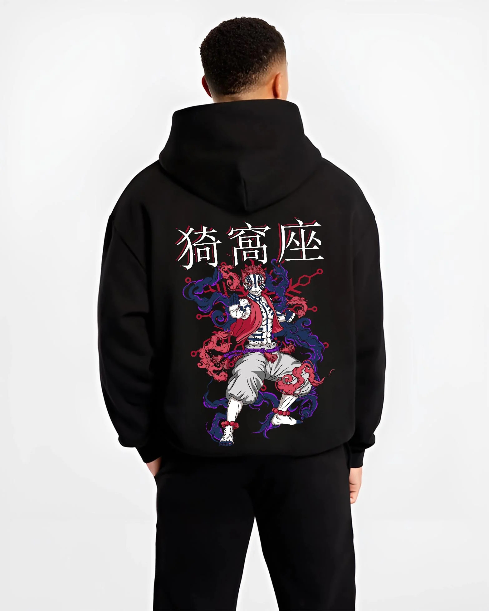 Black hoodie worn by male model, back view with Akaza Demon Slayer Hoodie Upper Moon Dark Battle Pose graphic Akaza anime design.
