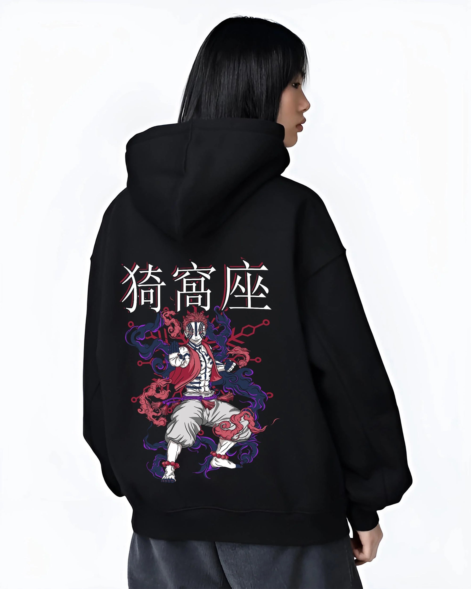 Black hoodie worn by female model, back view with Akaza Demon Slayer Hoodie Upper Moon Dark Battle Pose graphic bold anime graphic.