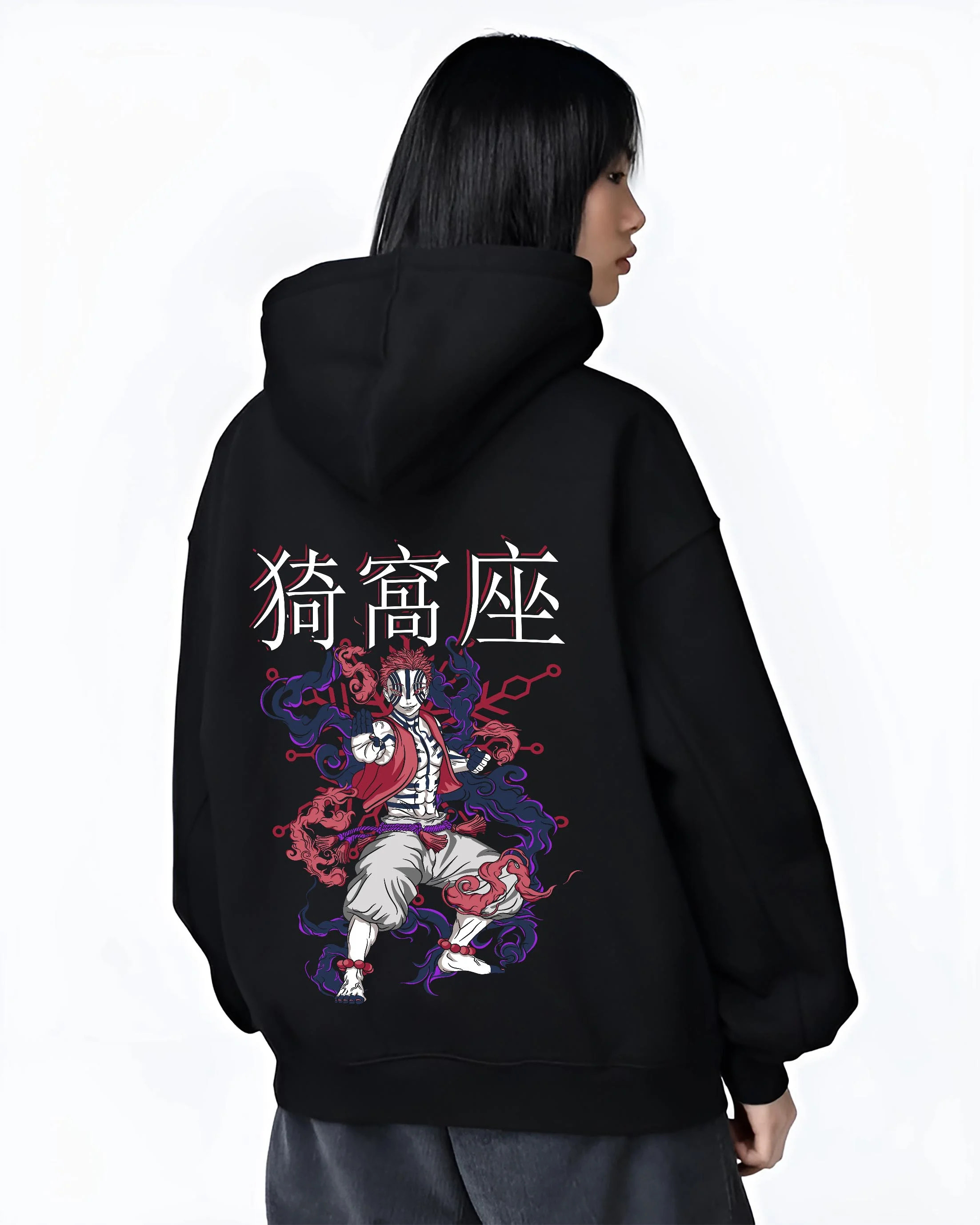Black hoodie worn by female model, back view with Akaza Demon Slayer Hoodie Upper Moon Dark Battle Pose graphic bold anime graphic.