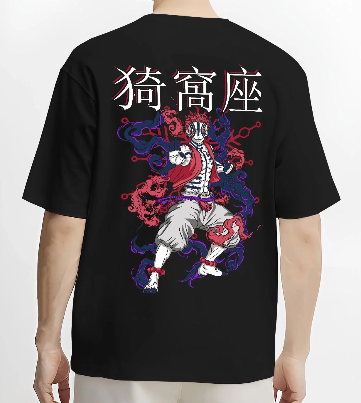 Black T-shirt worn by male model, back view with Akaza Demon Slayer Hoodie Upper Moon Dark Battle Pose graphic Akaza anime design.