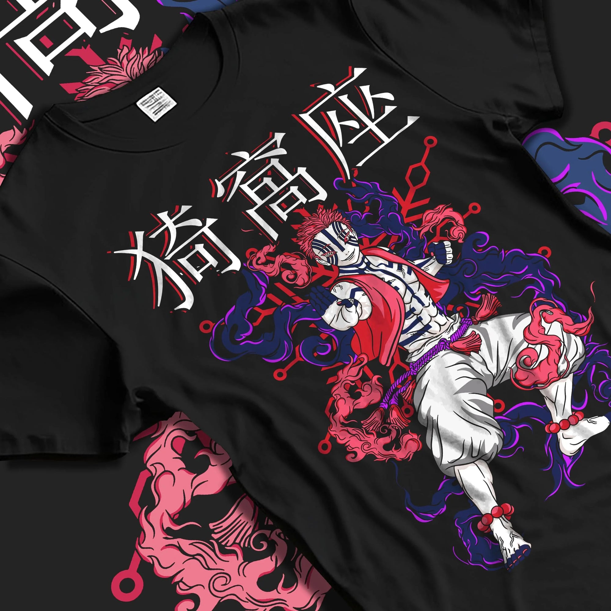 Black T-shirt laid flat with natural folds with Akaza Demon Slayer Hoodie Upper Moon Dark Battle Pose graphic Akaza anime design.
