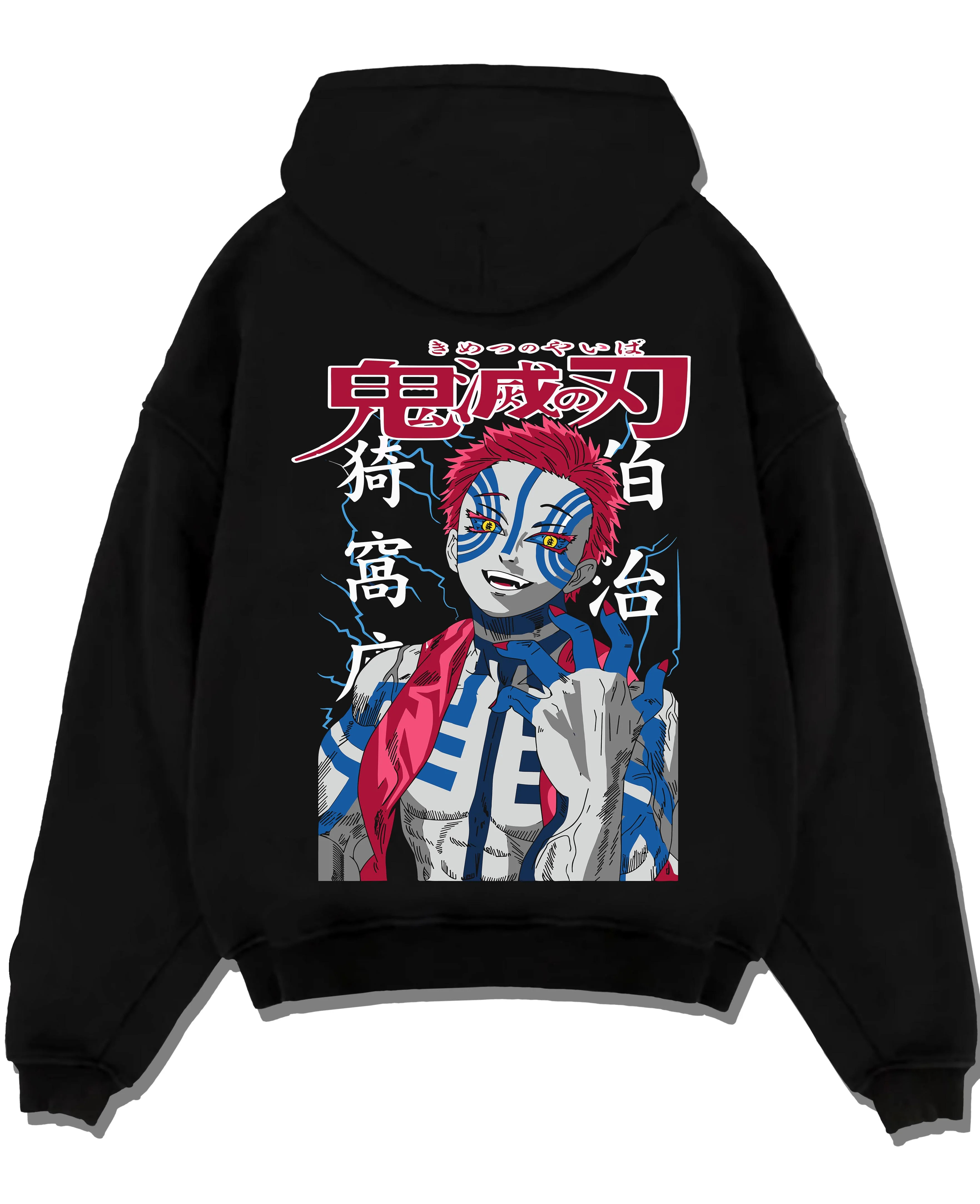 Black pullover hoodie laid flat with Akaza Demon Slayer Hoodie Fierce Blood Demon Fist graphic streetwear graphic.