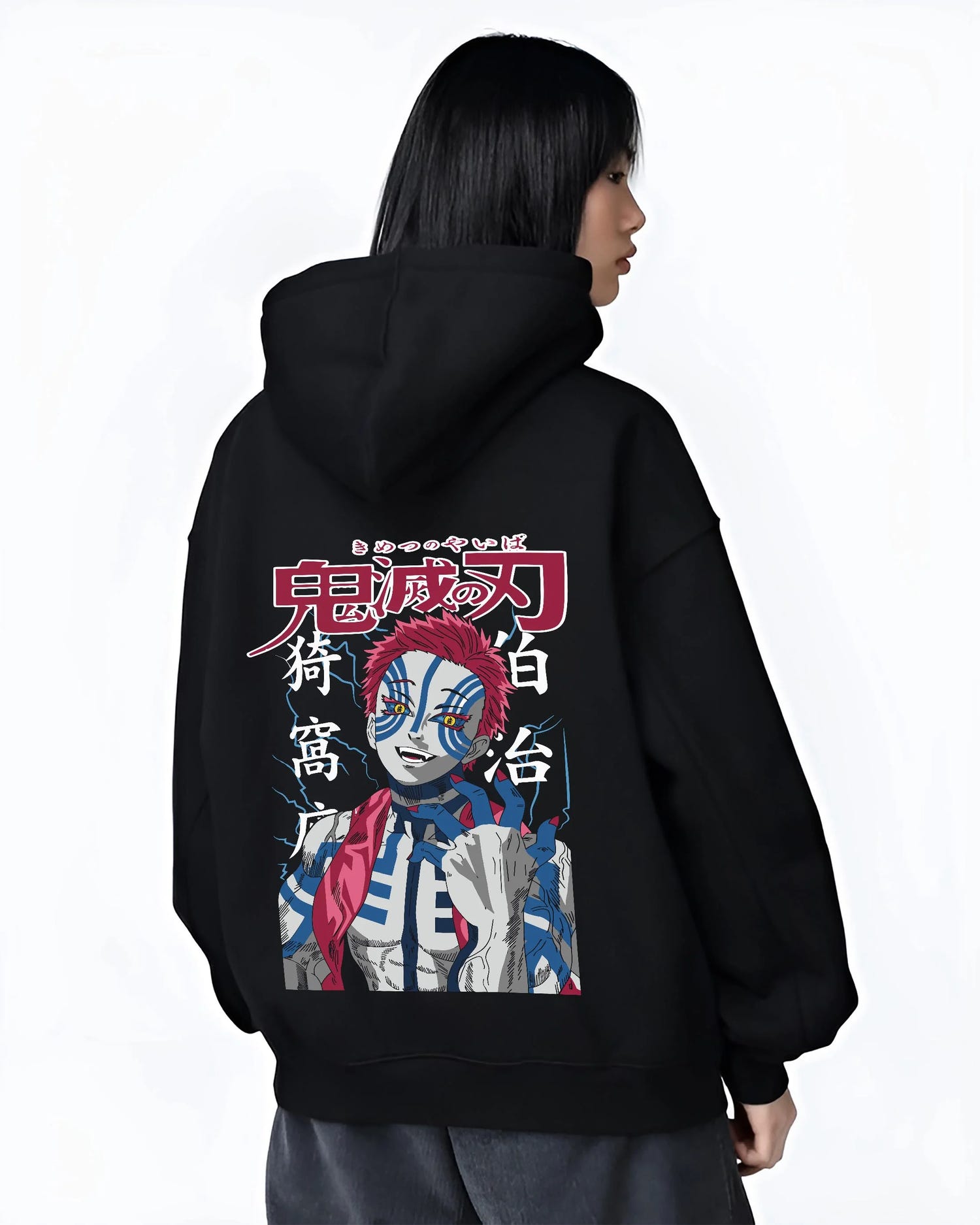 Black hoodie worn by female model, back view with Akaza Demon Slayer Hoodie Fierce Blood Demon Fist graphic Akaza anime design.