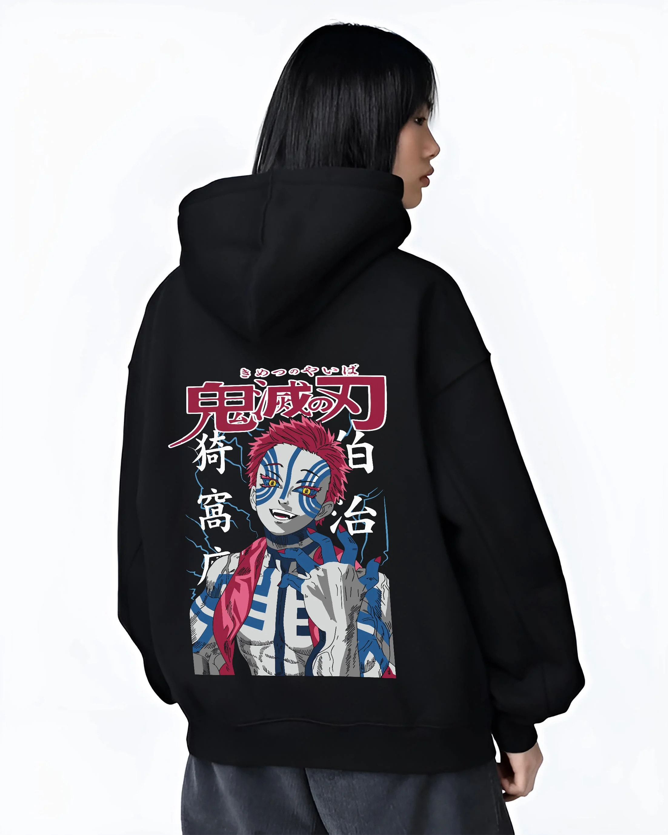 Black hoodie worn by female model, back view with Akaza Demon Slayer Hoodie Fierce Blood Demon Fist graphic Akaza anime design.