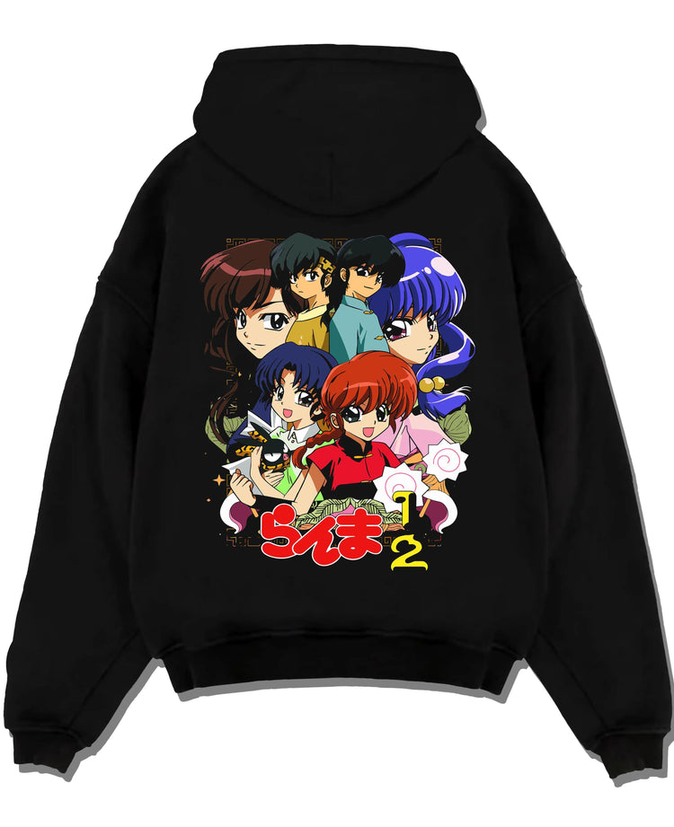 Black hoodie laid flat featuring Ranma and Akane Ranma 1/2 retro manga duo artwork with bold anime graphic print.