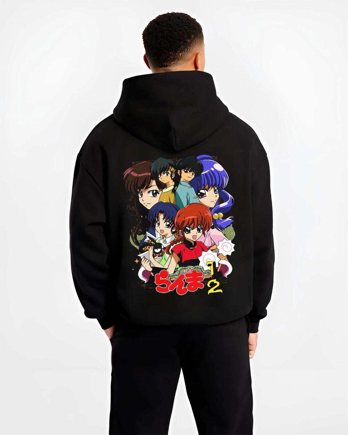 Black hoodie worn by male model from the back featuring Ranma and Akane Ranma 1/2 retro manga duo artwork.
