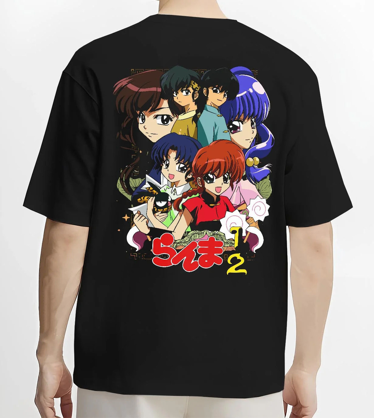 Black T-shirt worn by male model from the back featuring Ranma and Akane Ranma 1/2 retro manga duo artwork.